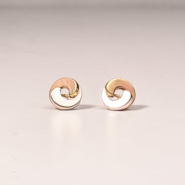 Modernist 14K Two-Tone Gold Swirl Button Studs, Small Circle Stud Earrings, Estate Jewelry, 12.5mm 