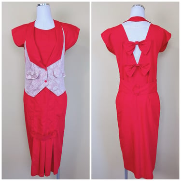 1980s O-Zone Red Bow Back Shift Dress / 80s / Eighties Lace Vest Pleated Nautical Set / Medium 