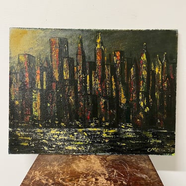 1950s Cityscape Painting with Skyscrapers at Night - Vintage Surrealist Urban Paintings - Rare Regionalist Art - Wisconsin Artist - Rare 