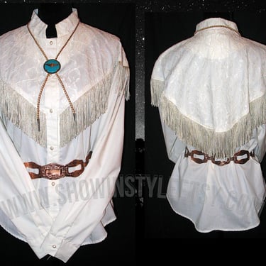 Western Collection Vintage Women's Cowgirl Shirt, Rodeo Queen Blouse, Ivory with Lace &amp; Fringe, Tag Sze Large (see meas. photo) 