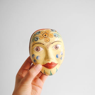 Vintage Mexican Hand Painted Ceramic Box in the Shape of a Face, Small Lidded Box 