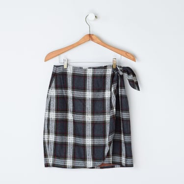 Vintage 90s Forenza Dark Grey Plaid Wrap Skirt - tartan, gray, knee-length - Women's 10 (28