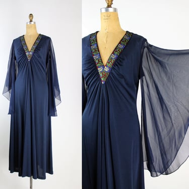 70s Navy Blue Angel Sleeves Maxi Dress / Size M/L / As Is 