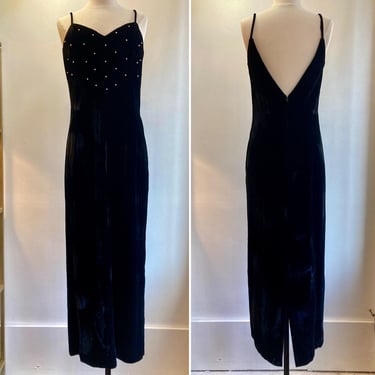 Vintage 80s Velvet SLIP  Dress / PEARL Studded Bodice + Maxi length + Deep V Back / Positively Ellyn 