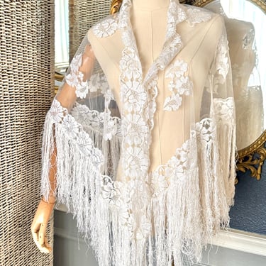 White Lace Shawl, Sheer Mesh Cut Out, Fabulous Long Fringe, Boho, Bohemian, Hippie Vintage Accessory 