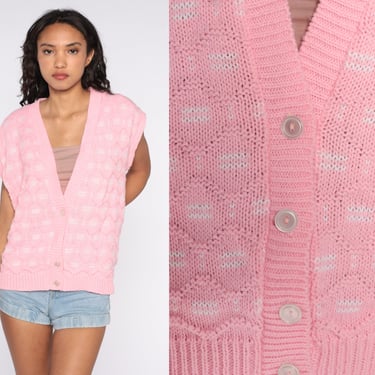 80s Knit Vest Top Pink Sleeveless Sweater V Neck Tank Button Up 1980s Retro Vintage Medium 
