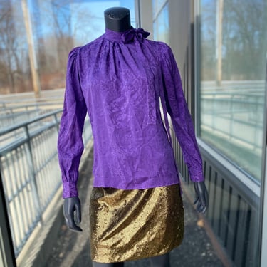SAINT LAURENT Rive Gauche Vintage 1980s 100% Silk Tie Neck Concealed Button Jacquard Floral Long Sleeve Blouse - Purple - Size 36 France 