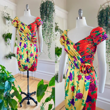 Vintage 1980s Cocktail Dress | 80s Silk Rose Floral Print Ruched 3D Appliqué Wiggle Sarong Sheath Party Dress (small) 