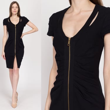 Small 90s Y2K Cache Black Zip Front Bodycon Dress | Vintage Ruched Fitted Sheath Cocktail Party Mini Dress 