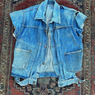 Vintage 1940s Chopped Denim Foremost 101 Buckleback Jacket Vest Distressed by TimeBa