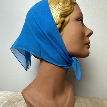 1960’s All Silk Vera Scarf~ sheer crepe silken hand rolled scarves neckerchief bandanna style square~ medium blue color 