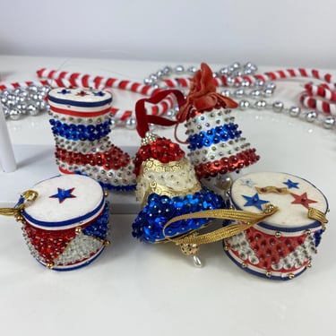 Vintage Bead & Sequin Push Pin Ornament set of 5, USA American Themed Christmas Ornaments, Red White Blue Pushpin Ornaments, Drum Boot Bell 