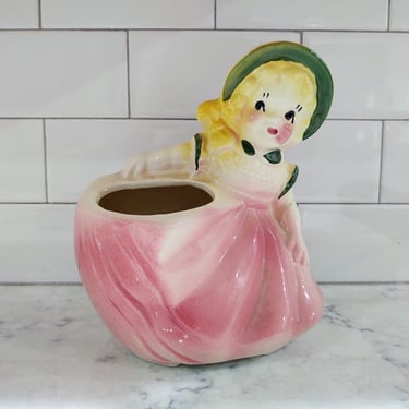 1950's Vintage Blonde Girl in Bonnet Ceramic Planter Made in USA Stamped 98 