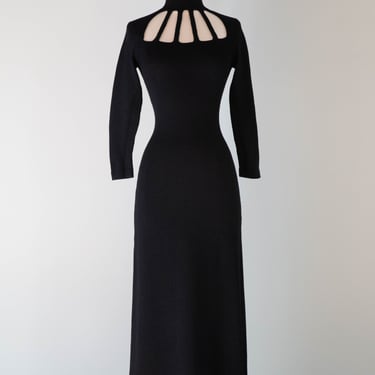 Sexy 1970's Adolfo Black Knit Evening Gown With Caged Neckline / SM