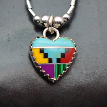 90's 925 sterling affixed Southwestern heart pendant, colorful liquid silver sweetheart necklace 