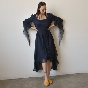 3066d / chanel black silk chiffon layered dress / fr 44 