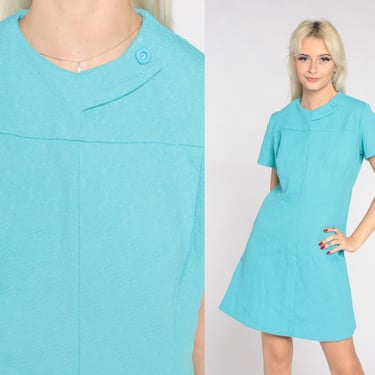 Mod Mini Dress 60s Bright Blue Space Age Retro Shift Short Sleeve Textured Gogo Twiggy Plain Minidress Sixties Vintage 1960s Medium Large 