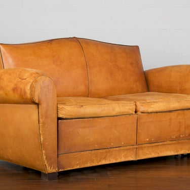 1930s Traditional French Art Deco Mustache Back Club Sofa or Bed W/ Original Brown Leather 