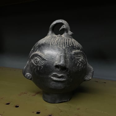 Vintage Ceramic Head Table Sculpture Black Bank Mid-Century Modern Picasso Blackware Trophy 