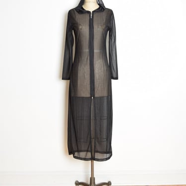 vintage 90s dress duster jacket sheer black mesh hooded zip up long goth raver S clothing 