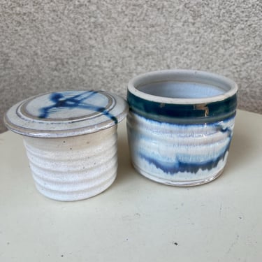 Vintage Butter Dish keeper  French Style Studio Art Pottery Blue Glaze Signed 3.5” 