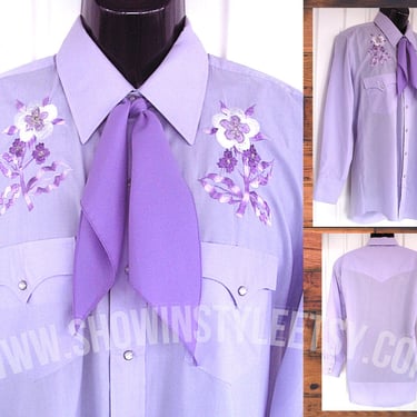 Vintage Western Men's Cowboy and Rodeo Shirt by Karman, Lavender with embroidered Purple & White Flowers, Approx. Large (see meas. photo) 