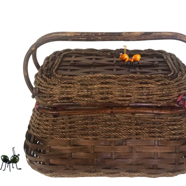 Vintage Bamboo and Woven Rattan Picnic Basket | Large Whimsy Outdoor Dining Basket| Rad Tartan Lancelot | Magazine Storage | Fruit Basket 