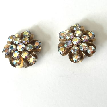 Vintage Iridescent Earrings, Gold Tone Flower Earrings, Clip-On Earrings, Rhinestone Earrings, Vintage Jewelry, Floral 