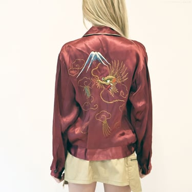 1940s RARE Maroon Satin Embroidered Dragon Souvenir Jacket Ori Stitched China Japan WWII Mountain Gold White Chain Stitch S M L 