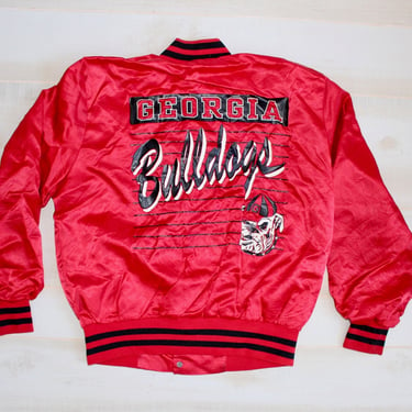 Vintage 1980s Satin Bomber Jacket, Georgia Bulldogs, UGA, University of Georgia, Red, Streetwear, Sportswear, College 