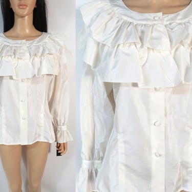 Vintage 80s/90s Deadstock Pearl Ruffle Tailored Blouse Size M/L 