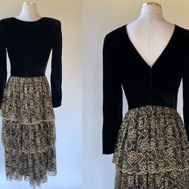 Size S Vintage 1980's 'Ricki Lang NUIT' Black Velvet with Gold Lace Formal Cocktail Dress 