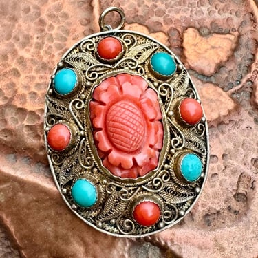 Large Antique Chinese Export Silver Gilt Carved Coral & Turquoise Pendant 14.5g 