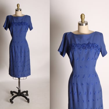 1950s Blue Floral Embroidery Short Sleeve Wiggle Dress -M 