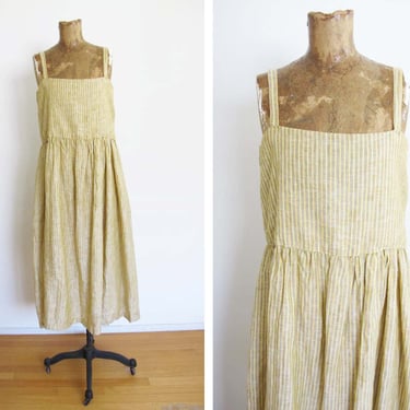 Vintage Striped Linen Strappy Sundress M - 1990s Tan Yellow Natural Fiber Relaxed Fit Minimalist Midi Dress 