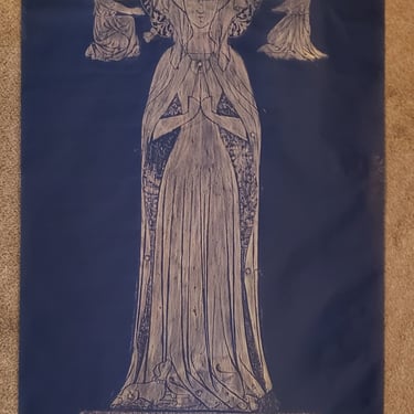 Medieval Brass Rubbing of Margaret Cheyne 1419 Silver on Blue Large Vertical Wall hangings Religious theme Gothic home decor 