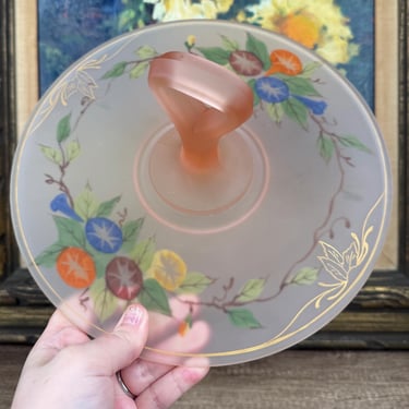 Vintage Pink Frosted Glass Dessert Tray with Handpainted Flowers and Center Handle 