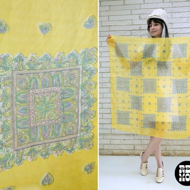 Pretty Vintage 50s 60s Pastel Yellow Green Pink Paisley Squares Patterned Large Sheer Silk Scarf 