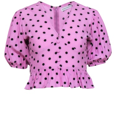Faithfull the Brand - Pink &amp; Black Polka Dot Puff Sleeve Top Sz 2