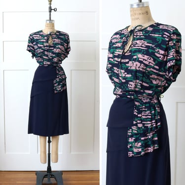 vintage 1940s navy blue pink & green hip swag dress • rayon crepe abstract print short sleeve dress 