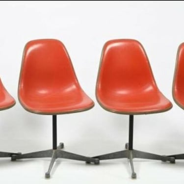 Mid-Century Set of 4 Eames PSC Red Vinyl Upholstered Swivel Shell Chairs