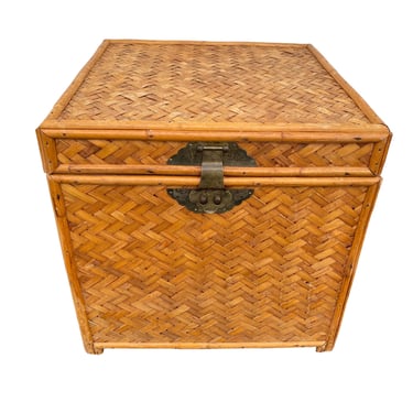 Vintage Trunk with Bamboo and Woven Herringbone Rattan 20x20x20 FREE SHIPPING - Chinoiserie Hollywood Regency Coastal Boho Chic End Table 