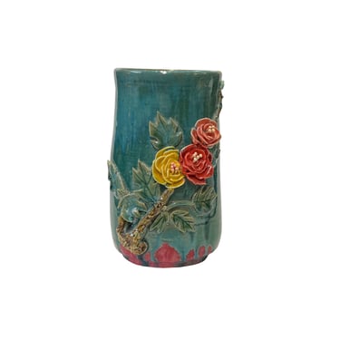 Chinese Turquoise Teal Glaze Dimensional Flower Holder Pot Vase ws3049E 