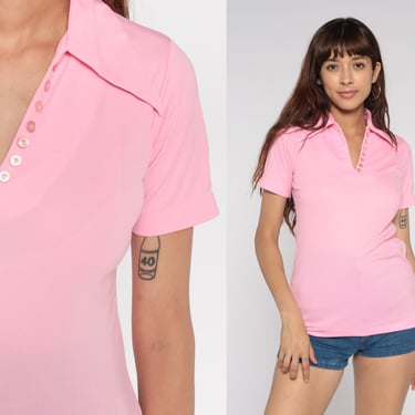 Pink Button Up Shirt 70s Blouse Dagger Collar V Neck Polo Shirt Hippie Boho 1970s Disco Top Vintage Collared Plain Short Sleeve Small S 