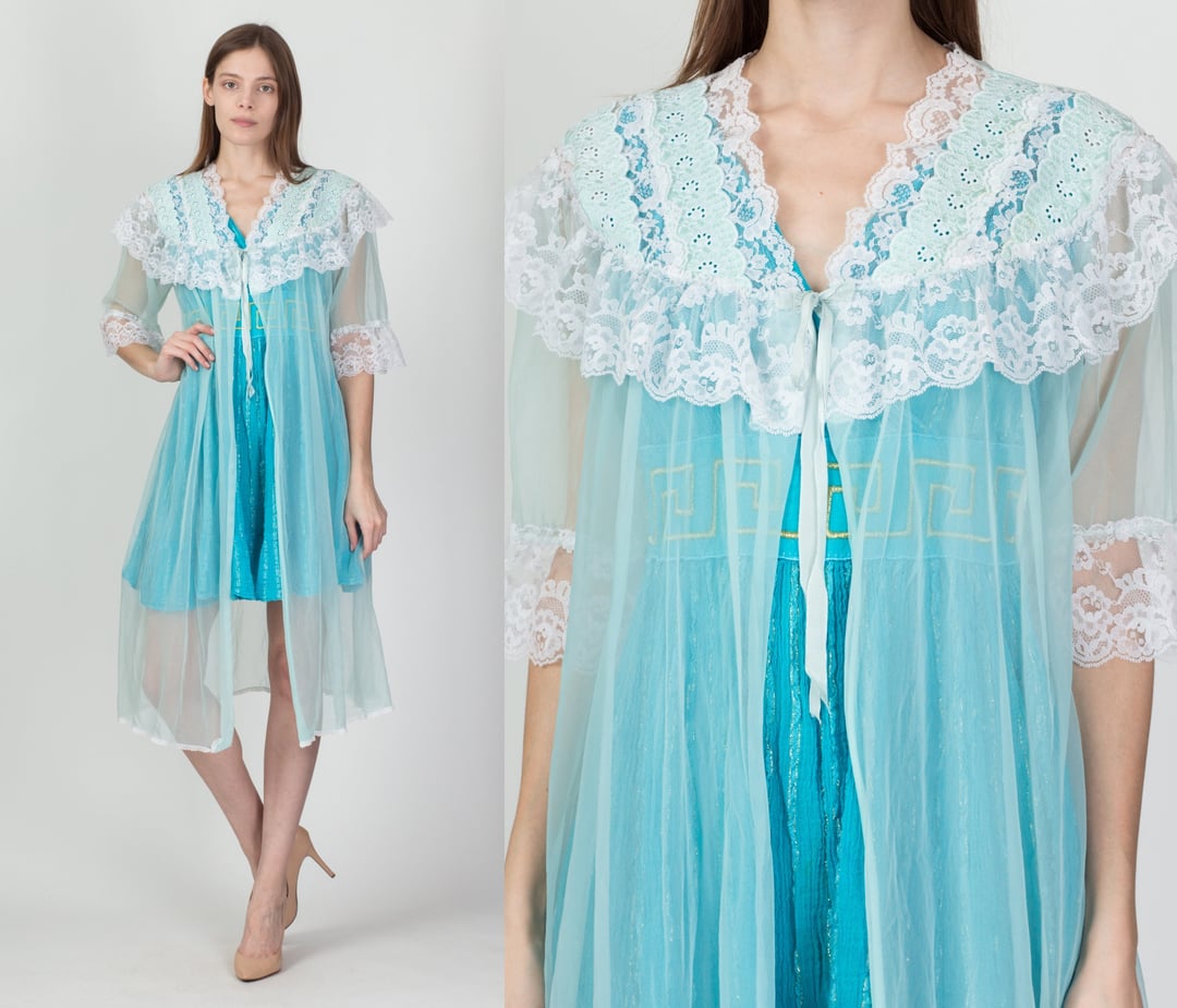 1970s Light Blue popular Cotton Mexican Lounge Set | Vintage 70s Nightdress and Robe | Women's Peignoir Set Sundress Duster XS Small