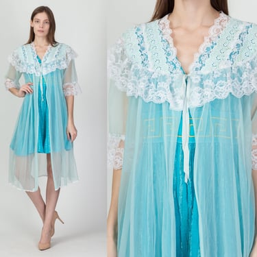 70s Sheer Blue Lace Trim Peignoir Robe - Medium | Vintage Midi Negligee Dressing Gown 