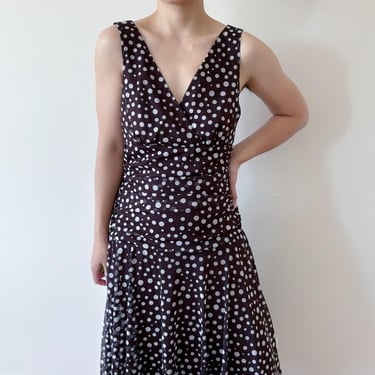 vintage dress brown white polka dot mesh dress textured wrinkled sun dress market dress fitted dress midi dress 90s retro minimalist size S 