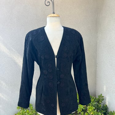Vintage Vakko bohemian black suede leather jacket embroidered detail Sz 6 