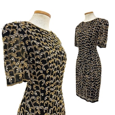 Vtg 80s Designer Oleg Cassini Black And Gold Heavily Beaded Cocktail Dress 