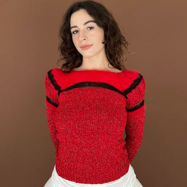 80s Red Puff Sleeve Sweater